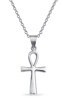 Polished sterling silver Ankh Egyptian cross pendant necklace. Spring ring clasp. Approx. 18" length. Imported Symbolic Sterling Silver Cross Necklace, Symbolic White Gold Cross Pendant Jewelry, Sterling Silver Ankh Necklace In Silver, Silver Cross Jewelry Symbolic Style, Silver Symbolic Cross Necklace, Silver Cross Jewelry With Symbolic Style, Sterling Silver Cross Pendant Jewelry, Nickel-free Symbolic Crucifix Jewelry, Symbolic Silver Cross Jewelry