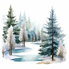 a watercolor painting of trees in the snow