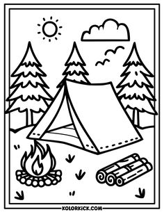 a camping scene with a tent and campfire