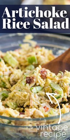 the recipe for artichoke rice salad in a glass bowl