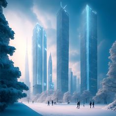 some people are skating in the snow near tall buildings with blue lights on them and trees