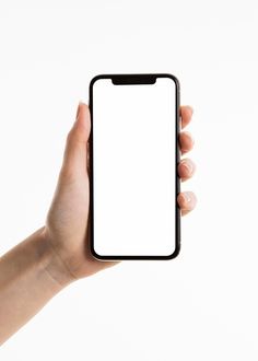 a person holding up a cell phone with a blank screen in their hand on a white background