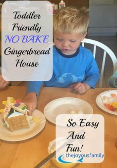 two children sitting at a table making gingerbread house shaped cookies with the words toddler friendly no bake gingerbread house so easy and fun