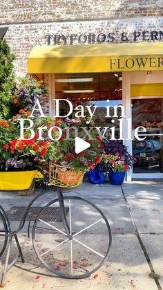 a bicycle with flowers in the basket is parked outside a flower shop on a sunny day