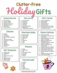 a holiday gift list with the words,'clutter - free holiday gifts '