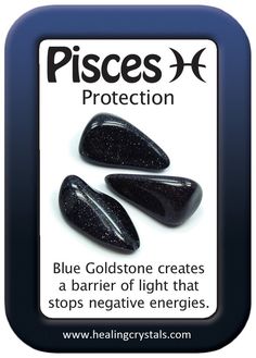 three pieces of blue goldstone stones with the words pisces protection