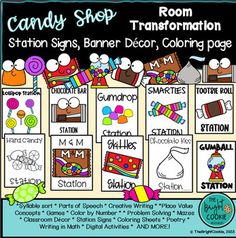 a candy shop sign with the words candy shop on it and other items in front