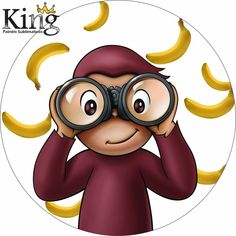 a cartoon monkey looking through binoculars with bananas flying around his head and the words king on it