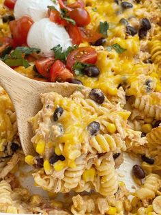 a casserole dish with pasta, beans and tomatoes