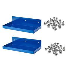 two blue shelves with screws and nuts on them