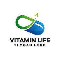 the logo for vitamin life is an arrow pointing up to it's right side