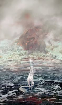 a white dog standing in the middle of a body of water next to a giant monster