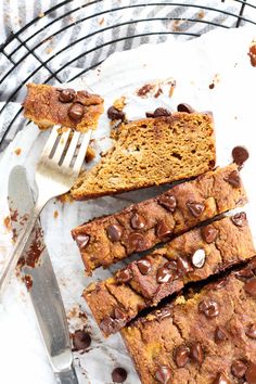 slices of chocolate chip pumpkin bread on a plate with a fork