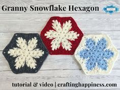 three crocheted snowflake hexagons are shown