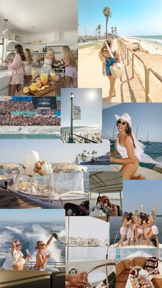 the collage shows many different pictures of people on boats and in the water, with one woman wearing a white hat