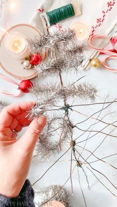 Vintage Tinsel Tree DIY - Happy Happy Nester Old Ornaments Ideas, Feather Trees Christmas Vintage, Diy Vintage Inspired Ornaments, Feather Tree Diy, Diy Pipe Cleaner Christmas Tree, Upcycled Christmas Decor Diy Ideas, Homemade Vintage Christmas Ornaments, Diy Vintage Ornaments Christmas, Unique Tree Topper Ideas