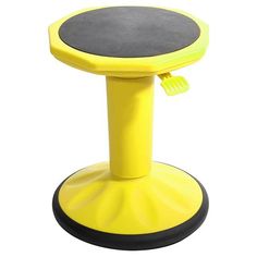 a yellow stool with a black top and grey seat pad on the bottom, sitting in front of a white background