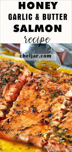 honey garlic and butter salmon recipe with text overlay