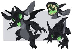 three different types of cartoon characters with green eyes and black wings, one is an angry looking