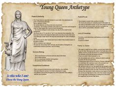 the young queen archetye is shown in an old parchment paper with writing on it