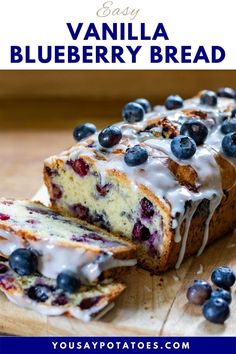 Sliced blueberry bread with vanilla drizzle. Blueberry Recipes Easy, Blueberry Loaf Cake, Blueberry Bread Recipe, Blueberry Desserts Recipes, Blueberry Loaf, Blueberry Breakfast Cake, Blueberry Cake Recipes, Summer Baking, Blueberry Desserts