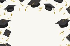 graduation caps and streamers in the air with gold confetti around them on a white background