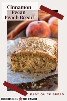 a close up of a piece of bread on a plate with peaches in the background