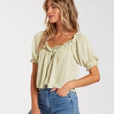 This Flowy Top Cuts Through Any Negative Vibes With Carefree Lines. Short And Sweet, It Is Made From Floral Print Crinkle Fabric For A Floaty Drape, Cut With A Relaxed Fit And Slightly Cropped Length. Designed To Wear On Or Off The Shoulder, It Also Features A Tie At The Center Front Neckline And Ruffle Trim At The Sleeves And Neck. Casual And Unrestricted Relaxed Fit. Square Neckline. Can Be Worn Off-The-Shoulder. Ruffle At Neckline And Sleeves. Nwt I Try To Ship Same Day Cute Blouses For Teens Long Sleeve, Flowy Shirt Outfit, Flowy Outfits, Negative Vibes, Crinkle Fabric, Flowy Shirt, Short And Sweet, Flowy Top, Cold Weather Outfits