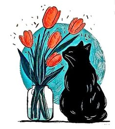 a black cat sitting next to a vase filled with flowers