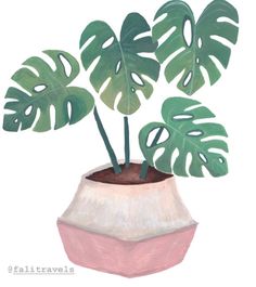 a painting of a potted plant with large green leaves on it's top