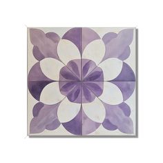 a purple and white tile with an abstract flower design on the bottom half of it