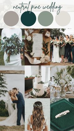 a collage of wedding photos with green and white colors, including the bride and groom