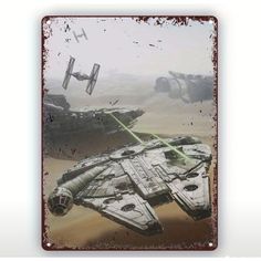 an image of a star wars scene with the millennium falcon and other vehicles flying in the sky