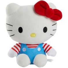 a hello kitty stuffed animal with a red bow on its head and blue overalls