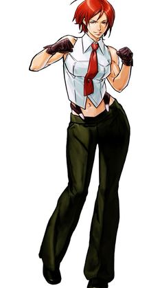 an anime character with red hair wearing a white shirt and black pants, holding his arms out