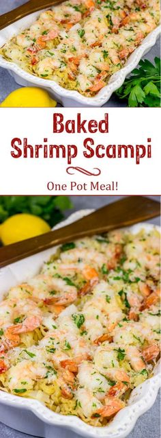 baked shrimp scampi in a casserole dish