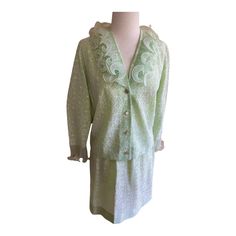 Vintage 60s 70s Lace Ruffle Women's Mint Pastel Green Skirt Suit Set Co-Ord 2pc Excellent Pre-Owned, Vintage Condition - Only Flaw To Note Is There Is A Tiny Rust Spot On Left Sleeve Ruffle, I Haven't Tried Anything To Get It Out - Please See Photos For Further Details And Measurements Color In Photos Are Showing A Bit More Muted Than In Real Life- See Picture With Size Tag, That Is More In Line With The Correct Hue! Keywords: Womens Vtg Retro Padded Skirts Sets Pencil Collarless Ooak Classic Wear To Work Church Secretary Lace Print Printed Pattern Patterned Statement 2pc 1960s 1970s Bundles Coordinating Outfits Vintage Glam Preppy Pastel Union Label Skirts Sets, Mint Pastel, Classic Wear, Outfits Vintage, Coordinating Outfits, Skirt Suit Set, Lace Print, Vintage Glam, Lace Ruffle