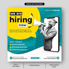 a poster for hiring now with an image of a man holding a megaphone in his hand