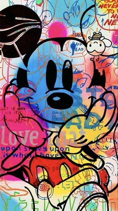 a mickey mouse painting on a white background with colorful letters and graffiti written all over it