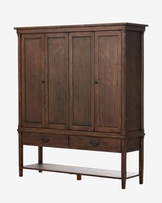 a wooden armoire with two drawers on one side and an open shelf below it