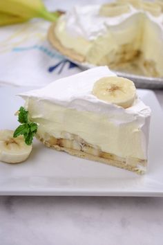 a piece of banana cream pie on a plate