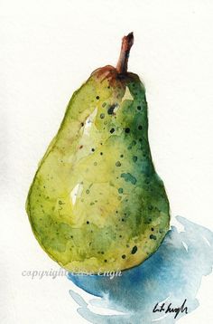 a watercolor painting of a green pear