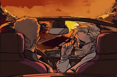 two people sitting in the back seat of a car talking on their cell phones as the sun goes down