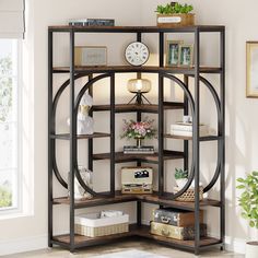 a corner bookcase with shelves and clocks on it