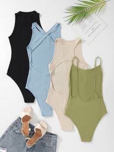 Multicolor Sexy  Sleeveless Polyester Plain Cami,Tank Embellished Slight Stretch Summer Women Jumpsuits & Bodysuits Cute Bodysuits, Chic Evening Dress, Ribbed Knit Bodysuit, Bodysuit Tops, Body Outfit, Knit Bodysuit, Cute Comfy Outfits, Casual Winter Outfits, Lookbook Outfits