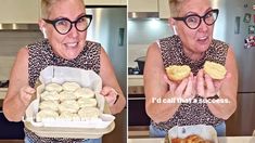 a woman in glasses holding a box of cookies and looking surprised at the camera with her mouth open