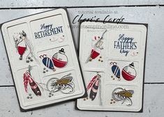 two cards with different designs on them and the words happy fathers day written in red white and blue