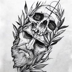 a drawing of a skull with leaves on it's head and an arrow in the middle