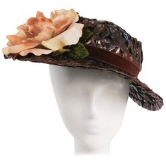 1950s Brown Straw Raffia Hat w/ Rose. Light summer hat perches gently atop the head to top off any day-time ensemble. Large Brim Hat, Rose Hat, Raffia Hat, Types Of Hats, Vintage Hats, Summer Hat, Light Summer, Summer Hats, Hats Vintage