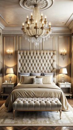 an elegant bedroom with chandelier and bed